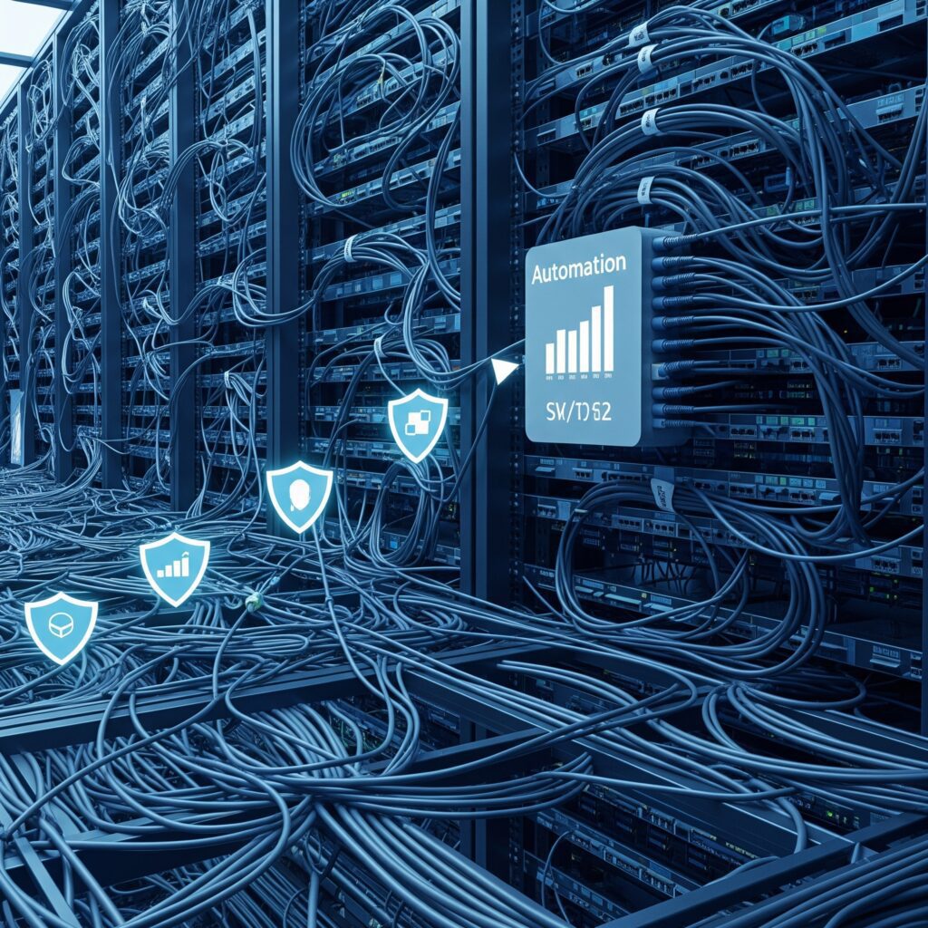 A complex server room with a mass of network cables, and digital overlay icons representing automation and security, illustrating the shift from tangled chaos to an organized and efficient IT infrastructure.