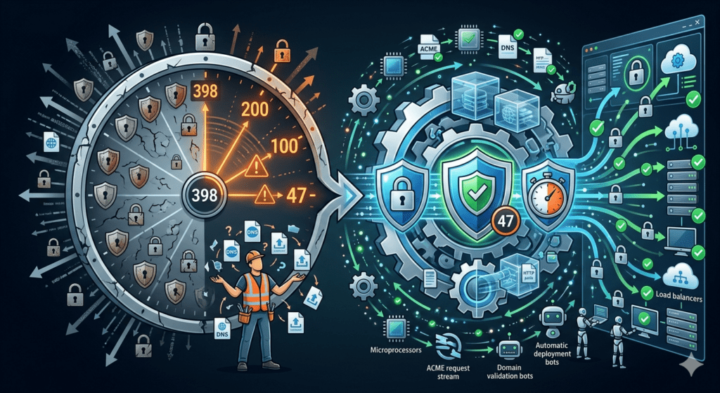 Infographic showing the chaotic manual management of multi-domain certificates transitioning to a high-velocity automated SAN certificate management orchestration engine.