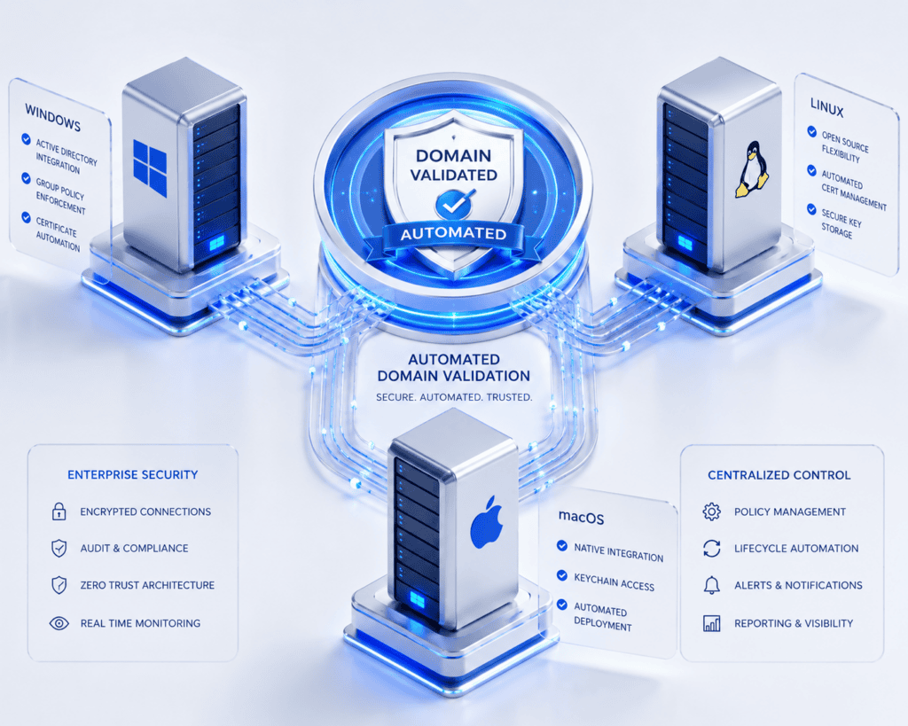 A clean 3D technical illustration demonstrating automated domain validation validity cycles connecting Linux, macOS, and Windows infrastructure to Microsoft ADCS.