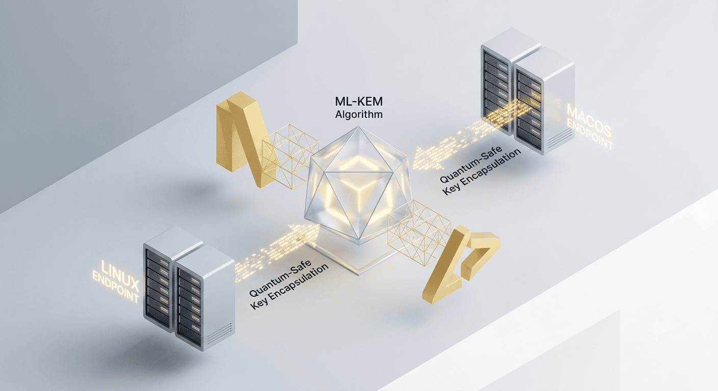 Isometric 3D concept render illustrating the ML-KEM algorithm and quantum-safe key encapsulation, securely connecting a central lattice-based cryptographic hub to Linux and macOS server endpoints. Optimized to avoid previous neon-blue color schemes.